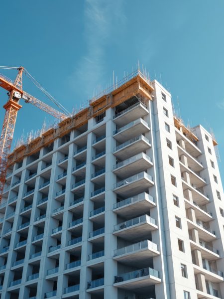 Modern apartment building construction with crane against blue sky. New urban residential real estate development process. Engineers, architects work on building. Construction business new housing