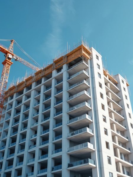 Modern apartment building construction with crane against blue sky. New urban residential real estate development process. Engineers, architects work on building. Construction business new housing